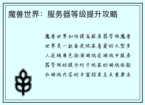 魔兽世界：服务器等级提升攻略
